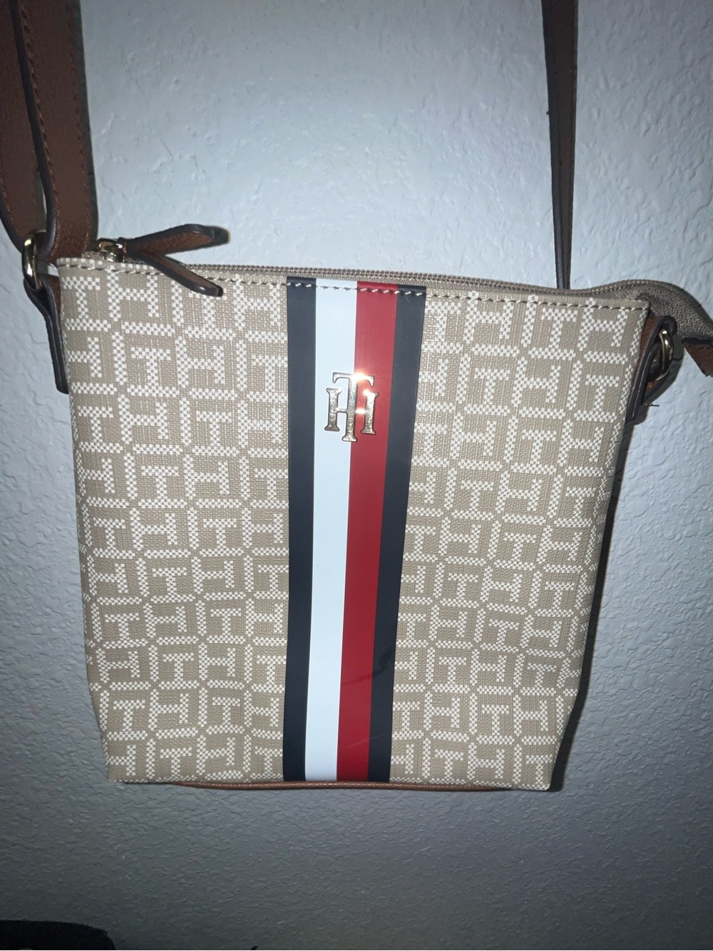 Tommy Hilfiger Beige Monogram Crossbody with Red, White & Navy Stripe
